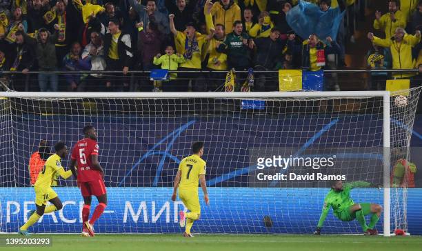 Boulaye Dia of Villarreal CF scores their team's first goal past Alisson Becker of Liverpool during the UEFA Champions League Semi Final Leg Two...