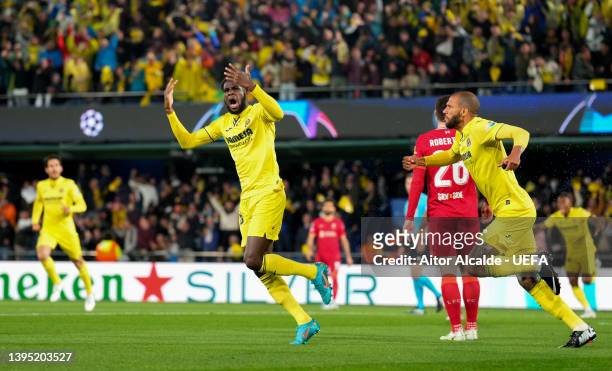 Boulaye Dia of Villarreal CF celebrates after scoring their team's first goal during the UEFA Champions League Semi Final Leg Two match between...