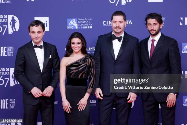 Franz Rogowski, Aurora Giovinazzo, Gabriele Mainetti and Pietro Castellitto attend the 67th David Di Donatello red carpet on May 03, 2022 in Rome,...