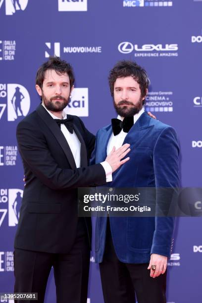 Directors Fabio D'Innocenzo and Damiano D'Innocenzo attend the 67th David Di Donatello red carpet on May 03, 2022 in Rome, Italy.