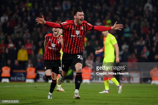 Kieffer Moore of AFC Bournemouth celebrates after scoring their team's first goal during the Sky Bet Championship match between AFC Bournemouth and...