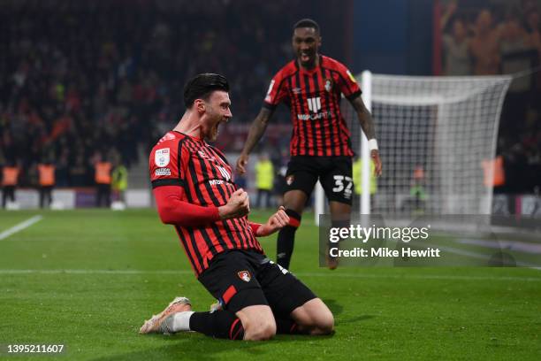 Kieffer Moore of AFC Bournemouth celebrates after scoring their team's first goal during the Sky Bet Championship match between AFC Bournemouth and...