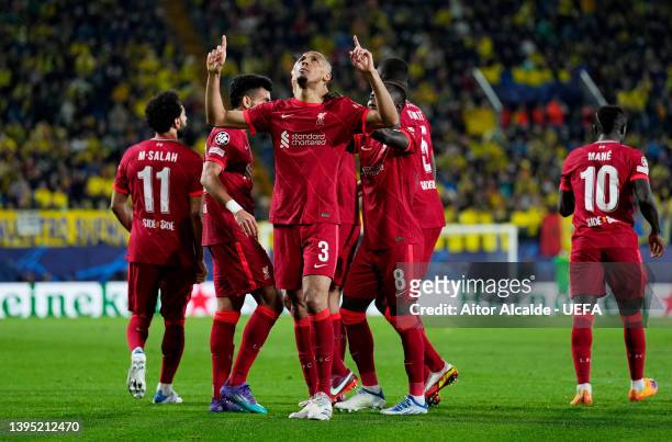 Fabinho of Liverpool celebrates after scoring their team's first goal during the UEFA Champions League Semi Final Leg Two match between Villarreal...