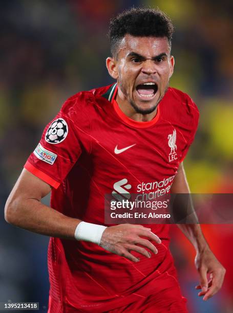 Luis Diaz of Liverpool celebrates after scoring their team's second goal during the UEFA Champions League Semi Final Leg Two match between Villarreal...