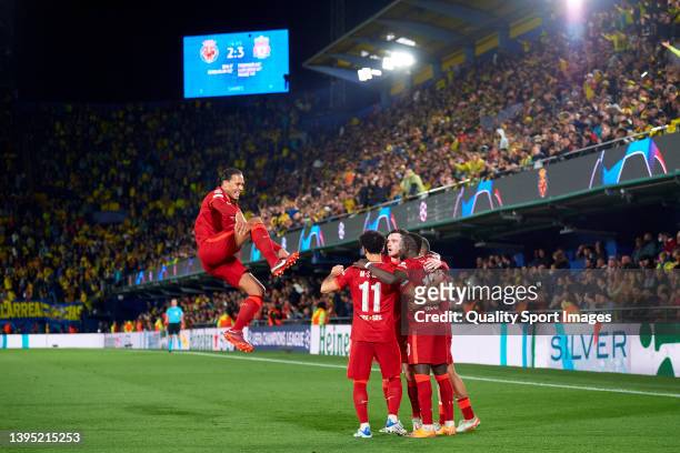 Players of Liverpool celebrating their team's third goal during the UEFA Champions League Semi Final Leg Two match between Villarreal and Liverpool...