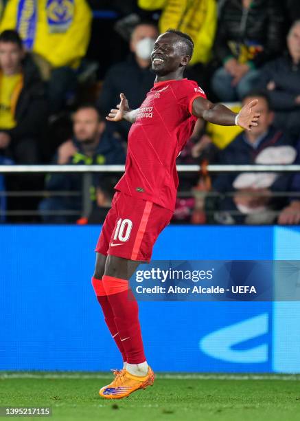 Sadio Mane of Liverpool celebrates after scoring their team's third goal during the UEFA Champions League Semi Final Leg Two match between Villarreal...