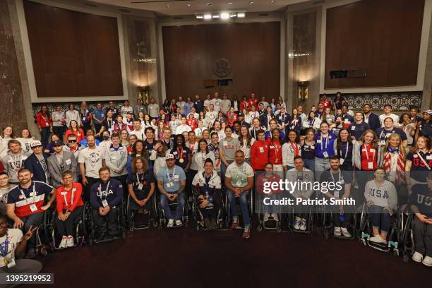 Team USA athletes pose for a group photo in the Dirksen Senate Office Building on May 03, 2022 in Washington, DC. U.S. President Joe Biden will host...