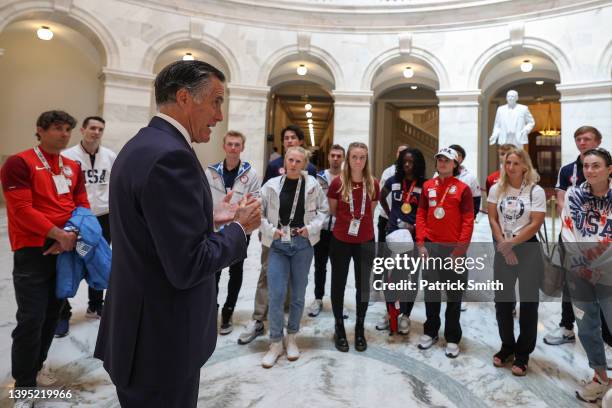 Sen. Mitt Romney greets Team USA athletes at the U.S. Capitol on May 03, 2022 in Washington, DC. U.S. President Joe Biden will host Team USA at the...