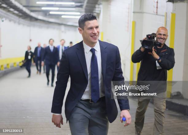 Sidney Crosby of the Pittsburgh Penguins arrives for Game One of the First Round of the 2022 Stanley Cup Playoffs against the New York Rangers at...