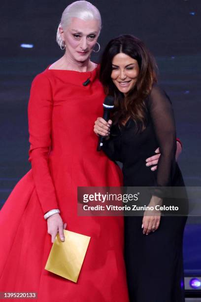 Drusilla Foer and Sabrina Ferilli are seen on stage during the 67th David Di Donatello show on May 03, 2022 in Rome, Italy.