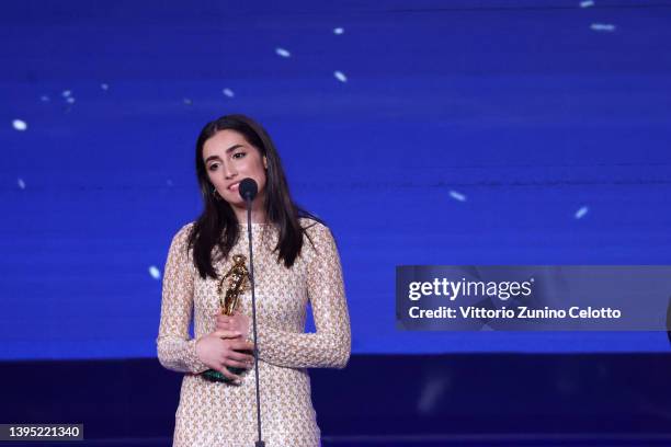 Swamy Rotolo is seen on stage during the 67th David Di Donatello show on May 03, 2022 in Rome, Italy.