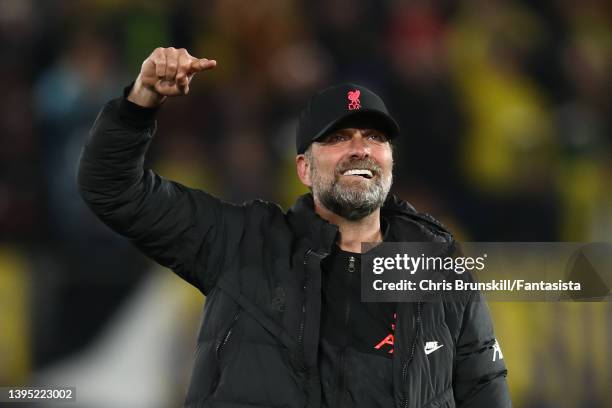Liverpool manager Jurgen Klopp celebrates at full-time following the UEFA Champions League Semi Final Leg Two match between Villarreal and Liverpool...