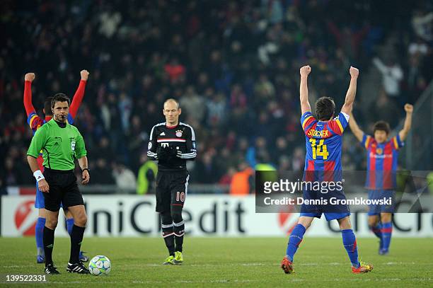 Scorer Valentin Stocker of Basel celebrates after the UEFA Champions League round of sixteen first leg match between FC Basel 1893 and FC Bayern...