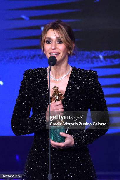 Teresa Saponangelo with the Davide Di Donatello for supporting actress is seen on stage during the 67th David Di Donatello show on May 03, 2022 in...