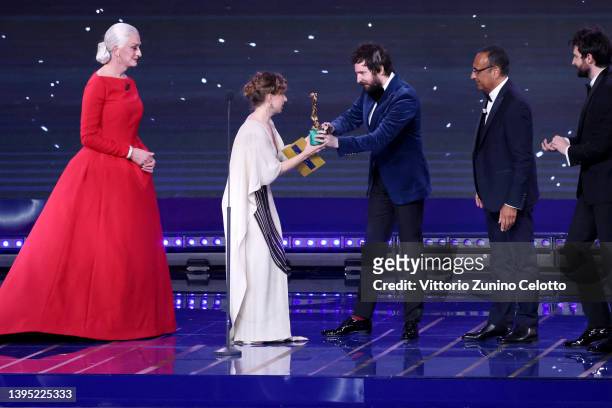 Laura Samani is awarded with the David di Donatello for Best New Director from Drusilla Foer, Damiano D'Innocenzo, Carlo Conti and Fabio D'Innocenzo...