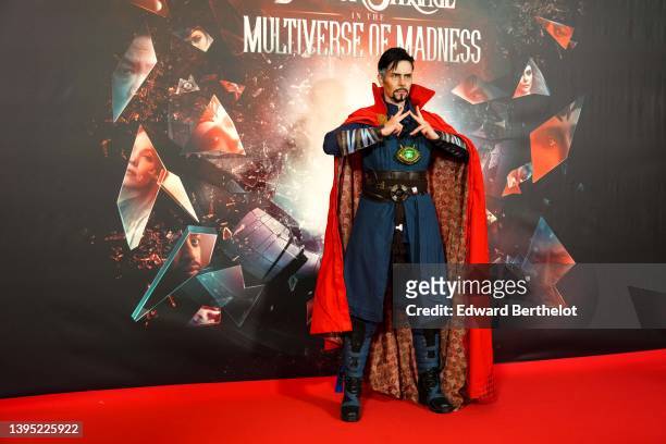 Cosplayer disguised as Dr Strange, attends the "Doctor Strange In The Multiverse Of Madness" premiere photocall at le Grand Rex on May 03, 2022 in...