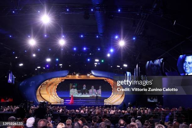 Drusilla Foer and Carlo Conti are seen on stage during the 67th David Di Donatello show on May 03, 2022 in Rome, Italy.