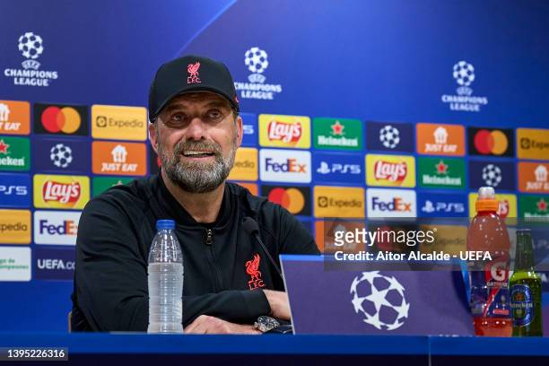 Jurgen Klopp head coach of Liverpool attend the Press Conference during the UEFA Champions League Semi Final Leg Two match between Villarreal and...