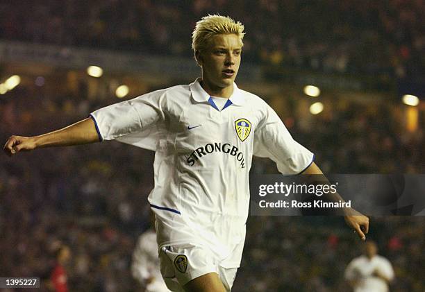 Alan Smith of Leeds celebrates after scoring his goal during the Leeds United v Metalurh Zaporizhya UEFA Cup first round, First leg match at Elland...