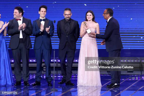 Michele Savoia, Luigi Calagna, Gianluca Leuzzi and Sofia Scalia are awarded with the David di Donatello of the Audience by Carlo Conti during the...