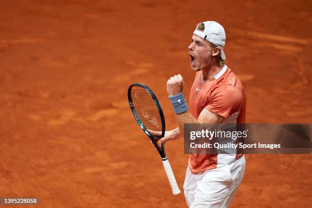 Denis Shapovalov of Canada celebrates a point against Andy Murray of Great Britain during their Men's Singles match on Day Six of the Mutua Madrid...