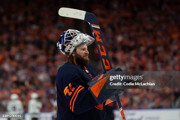 Goaltender Mike Smith of the Edmonton Oilers skates against the Los Angeles Kings during the first period in Game One of the First Round of the 2022...