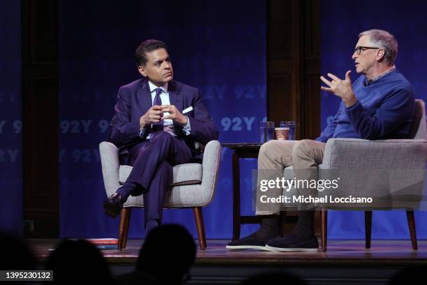 Fareed Zakaria and Bill Gates discuss Gates' new book 'How To Prevent The Next Pandemic' onstage at 92Y on May 03, 2022 in New York City.