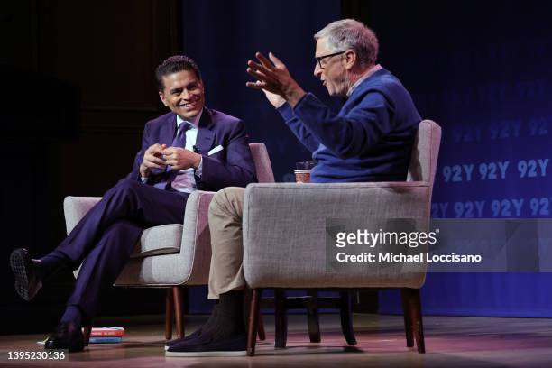 Fareed Zakaria and Bill Gates discuss Gates' new book 'How To Prevent The Next Pandemic' onstage at 92Y on May 03, 2022 in New York City.