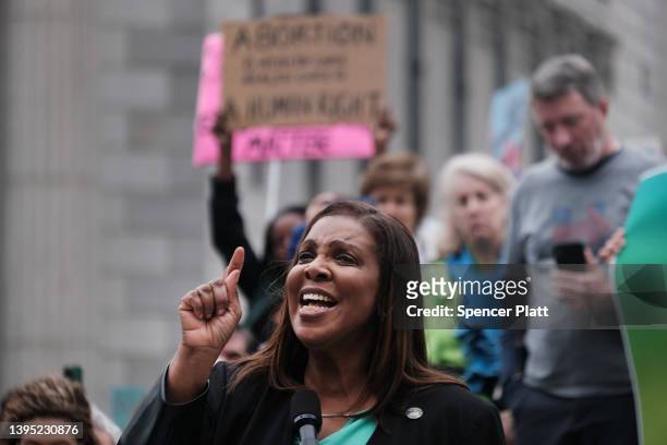 New York Attorney General Letitia James speaks to hundreds of people as they gather in Foley Square in Manhattan to show their support for abortion...