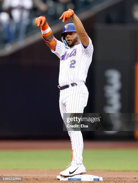 Dominic Smith of the New York Mets celebrates his 2 RBI double in the first inning against the Atlanta Braves during game two of a double header at...