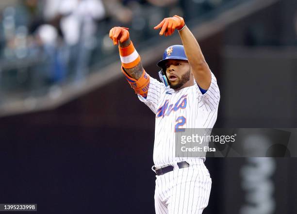 Dominic Smith of the New York Mets celebrates his 2 RBI double in the first inning against the Atlanta Braves during game two of a double header at...