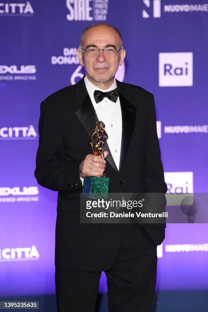 Giuseppe Tornatore poses with David di Donatello Best Documentary during the 67th David Di Donatello winners photocall on May 03, 2022 in Rome, Italy.