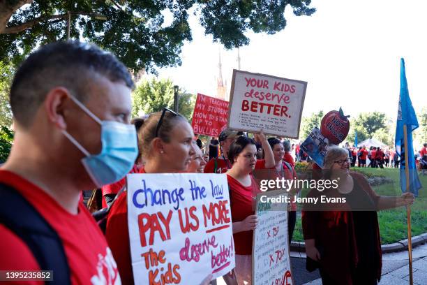 School teachers congregate in Hyde Park ahead of their march towards NSW Parliament on May 04, 2022 in Sydney, Australia. Tens of thousands of...