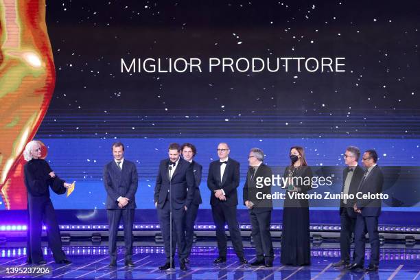 Gabriele Mainetti, Andrea Occhipinti and Paolo Del Brocco winner of David di Donatello for best producer are seen on stage during the 67th David Di...
