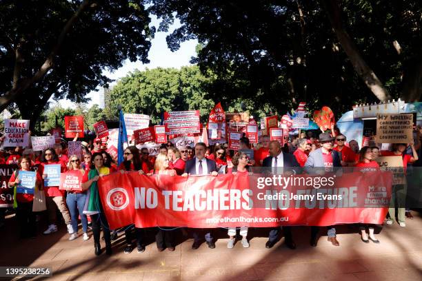 School teachers begin their march from Hyde Park towards NSW Parliament on May 04, 2022 in Sydney, Australia. Tens of thousands of teachers across...