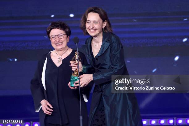 Donatella Di Pietrantonio and Monica Zappelli are awarded with David di Donatello for best non-original screenplay on stage during the 67th David Di...