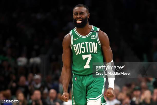 Jaylen Brown of the Boston Celtics celebrates after scoring against the Milwaukee Bucks during the second quarter of Game Two of the Eastern...