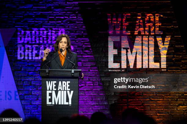 Vice President Kamala Harris delivers remarks at the Emily's List gala on May 03, 2022 in Washington, DC. Harris spoke at the 30th anniversary...
