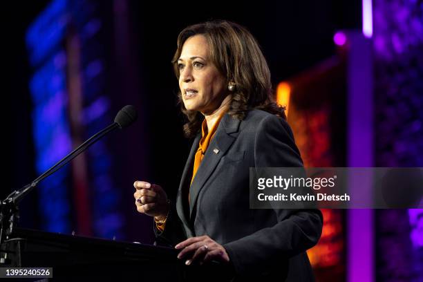 Vice President Kamala Harris delivers remarks at the Emily's List gala on May 03, 2022 in Washington, DC. Harris spoke at the 30th anniversary...