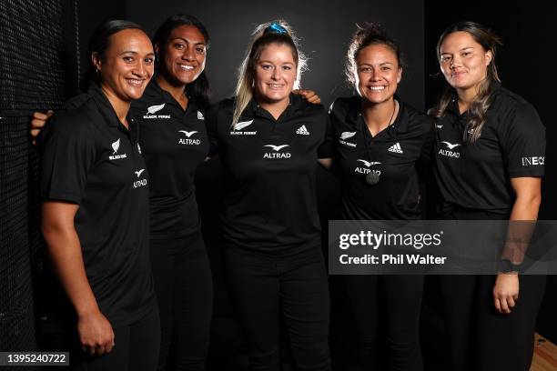 Ruahei Demant, Tafito Lafaele, Luka Connor, Ruby Tui and Kaipo Olsen-Baker of the Black Ferns poses for a portrait during the Black Ferns squad...