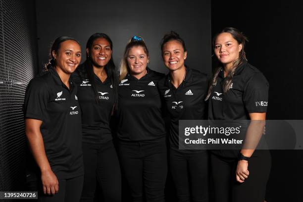 Ruahei Demant, Tafito Lafaele, Luka Connor, Ruby Tui and Kaipo Olsen-Baker of the Black Ferns poses for a portrait during the Black Ferns squad...