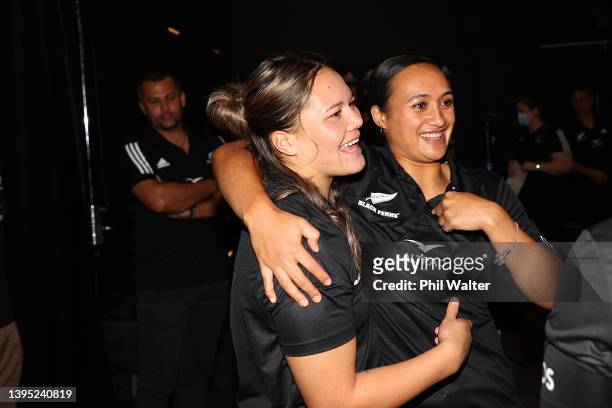 Kaipo Olsen-Baker of the Black Ferns and Ruahei Demant react during the Black Ferns squad naming for the 2022 June Series at the All Blacks...