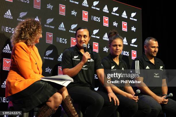 Black Ferns captain Ruahei Demant speaks to Melodie Robinson alongside Ruby Tui and assistant coach Wesley Clarke during the Black Ferns squad naming...