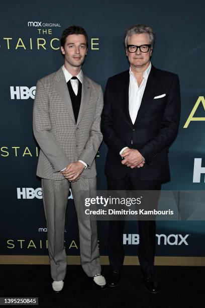 Patrick Schwarzenegger and Colin Firth attend HBO Max's "The Staircase" New York Premiere at Museum of Modern Art on May 03, 2022 in New York City.