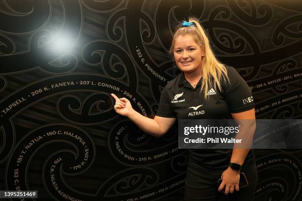 Black Ferns Luka Connor points to her name on the Black Ferns Awa Manawa during the Black Ferns squad naming for the 2022 June Series at the All...