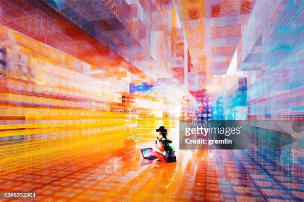 young woman using vr headset for vr experience - curiosity abstract stock pictures, royalty-free photos & images