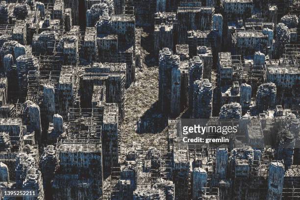 destroyed city from above - bomb explosion stockfoto's en -beelden