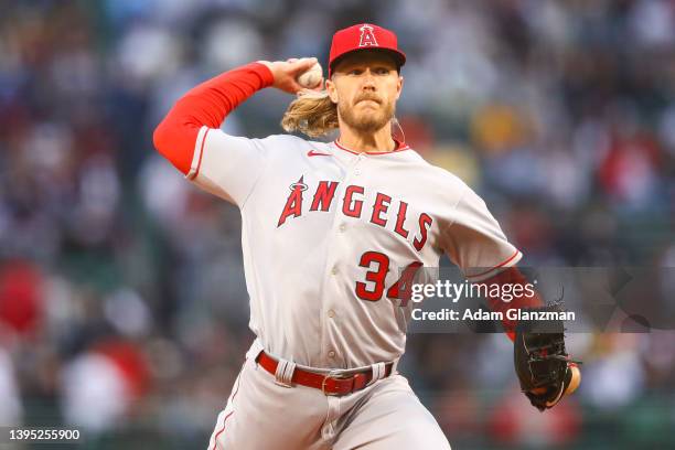 Noah Syndergaard of the Los Angeles Angels pitches in the first inning of a game slant the Boston Red Sox at Fenway Park on May 3, 2022 in Boston,...