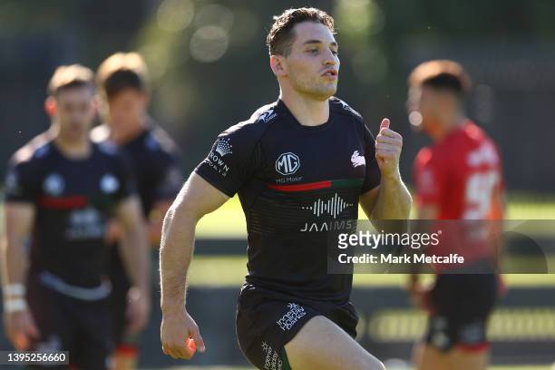 Cameron Murray of the Rabbitohs runs during a South Sydney Rabbitohs NRL training session at Redfern Oval on May 04, 2022 in Sydney, Australia.