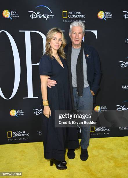 Alejandra Silva and Richard Gere attend National Geographic Documentary Films' WE FEED PEOPLE New York Premiere at SVA Theater on May 03, 2022 in New...